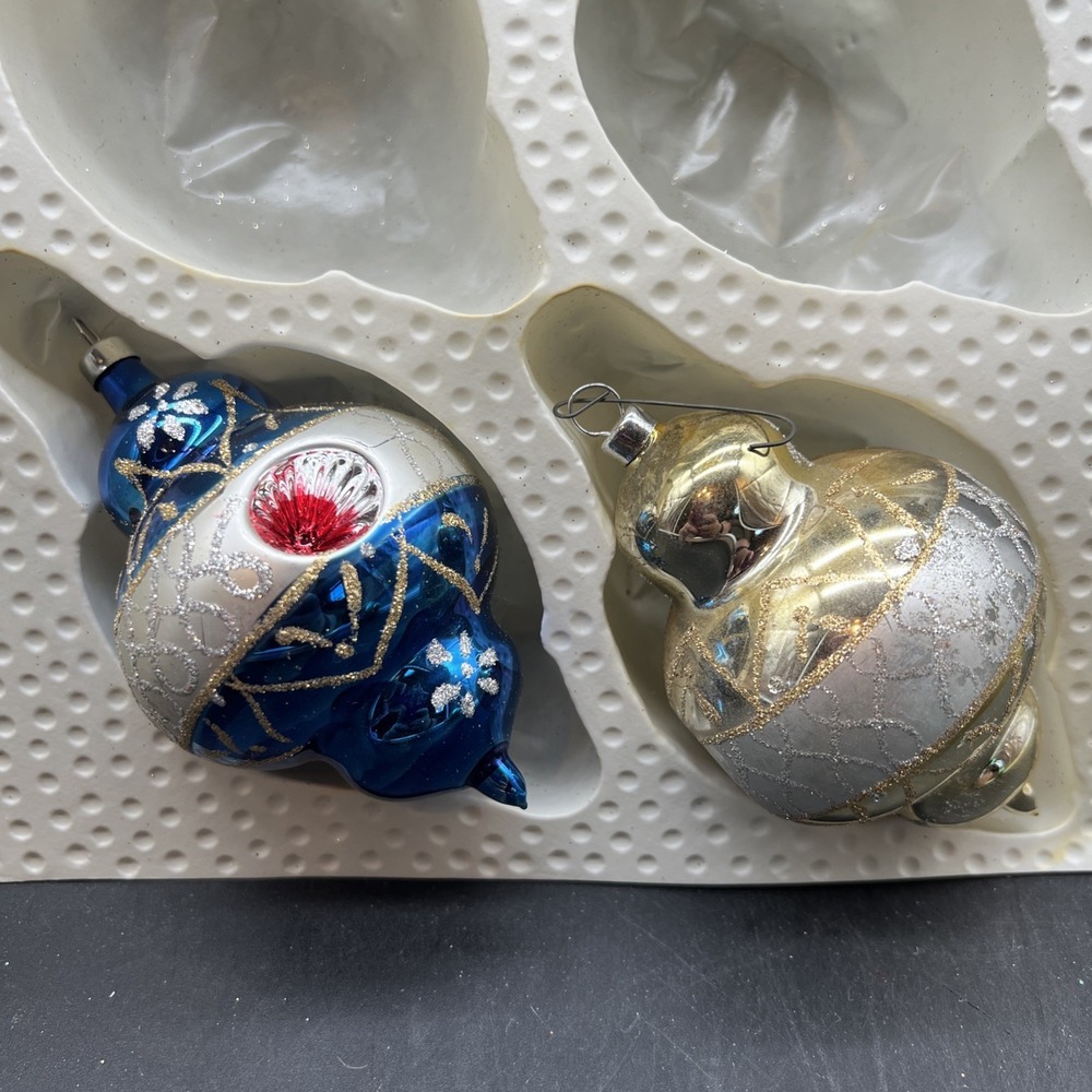 2 VTG Unique Glass Christmas ornaments Glitter Indent Bubble Bottom & Top